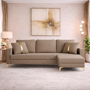 adorn india premium chandler - 3 years warranty - l shape 4 seater sofa set velvet suede fabric - beige