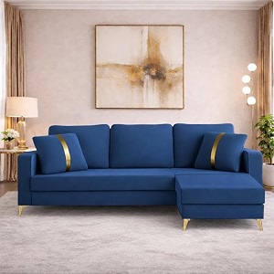 adorn india premium chandler - 3 years warranty - l shape 4 seater sofa set velvet suede fabric - blue