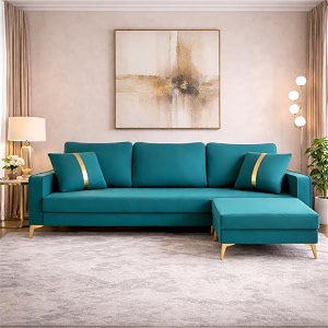adorn india premium chandler - 3 years warranty - l shape 4 seater sofa set velvet suede fabric - aqua blue