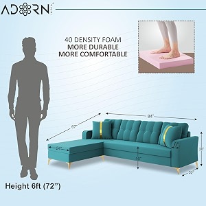 adorn india premium maddox tufted- 3 years warranty - l shape 5 seater sofa set -lhs-velvet suede fabric - aqua blue