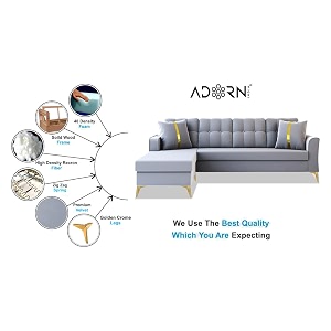 adorn india premium maddox tufted- 3 years warranty - l shape 5 seater sofa set -lhs-velvet suede fabric - grey