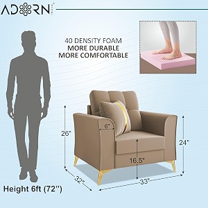 adorn india premium maddox tufted - 3 years warranty - 1 seater sofa velvet suede fabric - beige