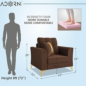 adorn india premium maddox tufted - 3 years warranty - 1 seater sofa velvet suede fabric - brown