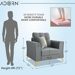 adorn india premium maddox tufted - 3 years warranty - 1 seater sofa velvet suede fabric - grey