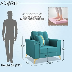 adorn india premium maddox tufted - 3 years warranty - 1 seater sofa velvet suede fabric - aqua blue