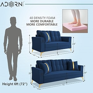 adorn india premium maddox tufted - 3 years warranty - 32 sofa set velvet suede fabric - blue