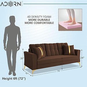 adorn india premium maddox tufted - 3 years warranty - 3 seater sofa velvet suede fabric - brown