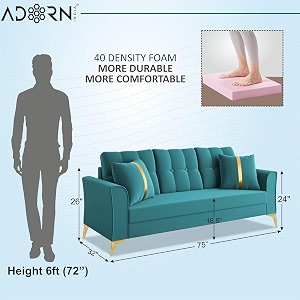 adorn india premium maddox tufted - 3 years warranty - 3 seater sofa velvet suede fabric - aqua blue