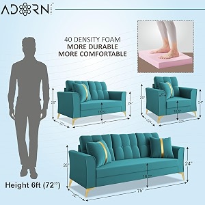 adorn india premium maddox tufted - 3 years warranty - 321 sofa set velvet suede fabric - aqua blue