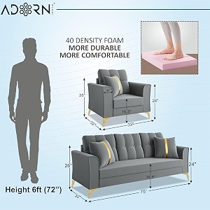 adorn india premium maddox tufted - 3 years warranty - 311 sofa set velvet suede fabric - grey