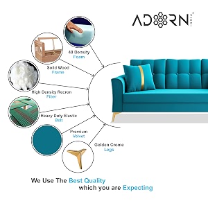 adorn india premium maddox tufted - 3 years warranty - 311 sofa set velvet suede fabric - aqua blue