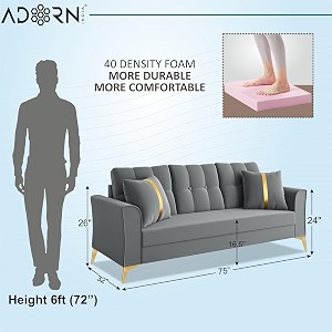 adorn india premium maddox tufted - 3 years warranty - 3 seater sofa velvet suede fabric - grey
