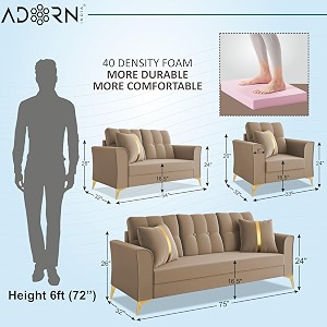 adorn india premium maddox tufted - 3 years warranty - 321 sofa set velvet suede fabric - beige
