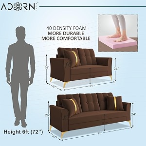 adorn india premium maddox tufted - 3 years warranty - 32 sofa set velvet suede fabric - brown