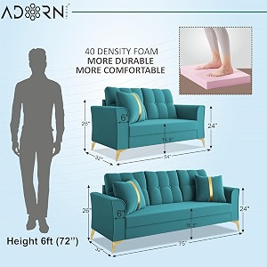 adorn india premium maddox tufted - 3 years warranty - 32 sofa set velvet suede fabric - aqua blue
