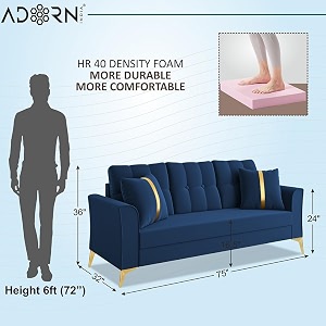 adorn india premium maddox tufted - 3 years warranty - 3 seater sofa velvet suede fabric - blue