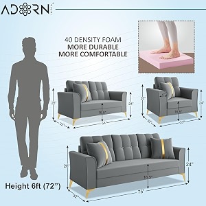 adorn india premium maddox tufted - 3 years warranty - 321 sofa set velvet suede fabric - grey