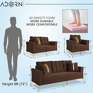 adorn india premium maddox tufted - 3 years warranty - 321 sofa set velvet suede fabric - brown