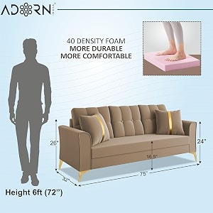 adorn india premium maddox tufted - 3 years warranty - 3 seater sofa velvet suede fabric - beige