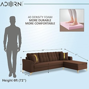adorn india premium maddox tufted- 3 years warranty - l shape 5 seater sofa set -rhs-velvet suede fabric - brown