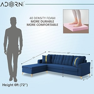 adorn india premium maddox tufted- 3 years warranty - l shape 5 seater sofa set -lhs-velvet suede fabric -blue