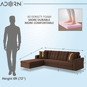 adorn india premium maddox tufted- 3 years warranty - l shape 5 seater sofa set -lhs-velvet suede fabric - brown