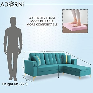 adorn india premium maddox tufted - 3 years warranty - l shape 4 seater sofa set velvet suede fabric - aqua blue