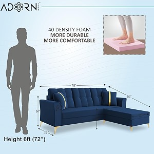 adorn india premium maddox tufted - 3 years warranty - l shape 4 seater sofa set velvet suede fabric -blue