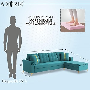 adorn india premium maddox tufted- 3 years warranty - l shape 5 seater sofa set -rhs-velvet suede fabric - aqua blue