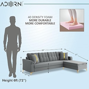 adorn india premium maddox tufted- 3 years warranty - l shape 5 seater sofa set -rhs-velvet suede fabric - grey