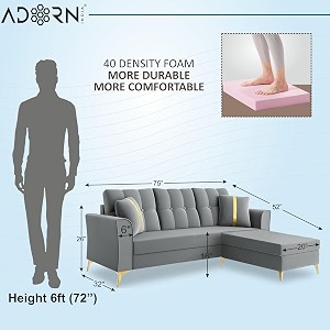 adorn india premium maddox tufted - 3 years warranty - l shape 4 seater sofa set velvet suede fabric - grey