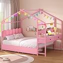 ADORNEVE Full Kids Bed with Drawers,House Bed with Desk,Pink