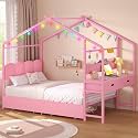 ADORNEVE Twin Kids Bed with Drawers,House Bed with Desk,Pink