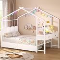 ADORNEVE Twin Kids Bed with Drawers,House Bed with Desk,White