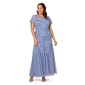 Adrianna Papell Women's Beaded Gown with Godets - Floor Length Gown with Floral Embellishments &amp; Cap Sleeves