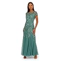 Adrianna Papell Women's Beaded Gown with Godets - Floor Length Gown with Floral Embellishments &amp; Cap Sleeves