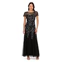 Adrianna Papell Women's Beaded Gown with Godets - Floor Length Gown with Floral Embellishments &amp; Cap Sleeves