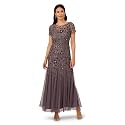 Adrianna Papell Women's Beaded Gown with Godets - Floor Length Gown with Floral Embellishments &amp; Cap Sleeves