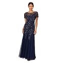 Adrianna Papell Women's Beaded Gown with Godets - Floor Length Gown with Floral Embellishments &amp; Cap Sleeves