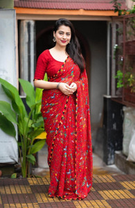 adroit management printed bollywood chiffon saree red
