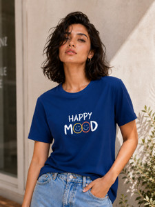 Adyavastram Typography Women Round Neck Blue T-Shirt
