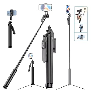 adzoy professional 4in1 2024-25 selfie stick phone quadripod  bluetooth remote  detachable 14 head  185cm63 feet extendable tripod  360 rotation  vlogging live streaming amp video recording