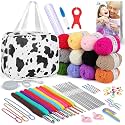 Aeelike Crochet Kit for Beginners with Instructions, 71pcs Starter Crochet Kits Include 655 Yards Yarn, Ergonomic Crochet Hooks 2.0-6.0 mm, Lace Steel Needles 0.6-1.9 mm and PU Leather Tote Bag, Cow