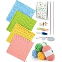 Aeelike Crochet Kit for Beginners Kids - Easy Crochet Kit Learn to Crochet Dishcloth with Yarns Tunisian Crochet Hooks, Detailed Instructions, Colorful