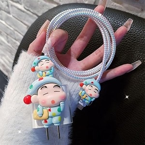 aeetz 3d silicone cartoon design charger casecover with 360 protection suitable for iphone 20w18w adapter with usb-c lightning cable protector sleepy shinchan