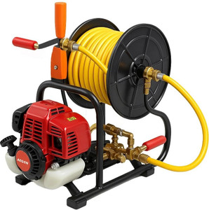 aegon 4 stroke air cooled portable petrol power sprayer with 50 mtr hose pipe  reel metal single swing and glider with mist feature 06 l hose-end sprayer