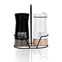 Aelga Farmhouse Salt & Pepper Shakers with Holder & Adjustable Pour Holes, Refillable Salt Shaker for Himalayan, Kosher, Black and White Pepper
