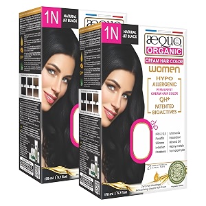 aequo organic cream hair colour with qh bioactive  natural 100 grey coverage long-lasting ppd amp ammonia free permanent hair conditioning color for women  1n natural black 170ml pack of 2