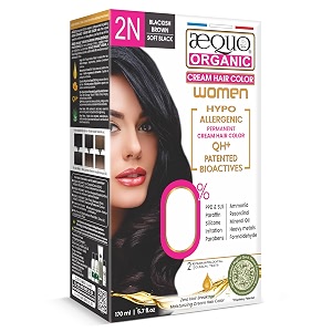 aequo organic cream hair color for women  2n soft black hypoallergenic permanent hair colour with qh patented bioactives 0 ppd ammonia amp sls organic professional hair colour 170 ml
