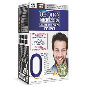 aequo organic cream hair conditioning colour with qh bioactive  natural 100 grey coverage ppd amp ammonia free hair beard amp moustache color for men  4n medium brown 170ml pack of 1